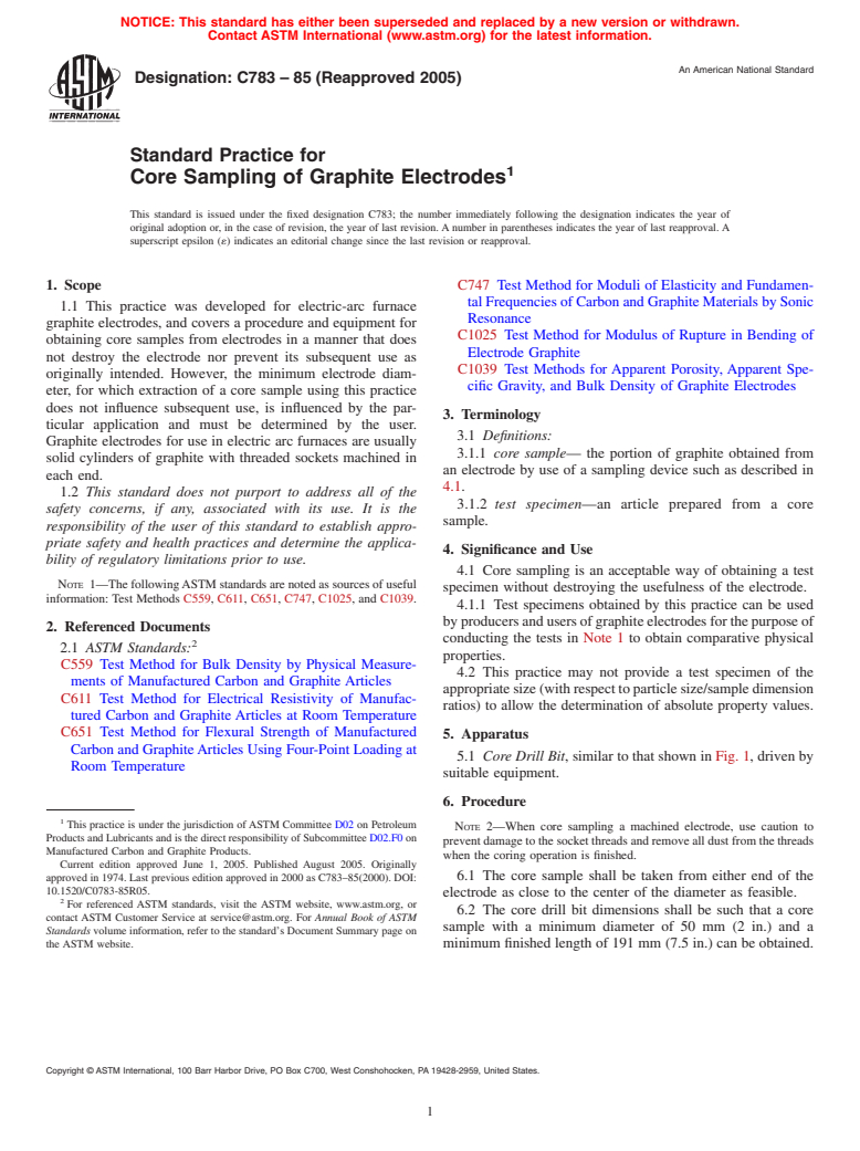 ASTM C783-85(2005) - Standard Practice for Core Sampling of Graphite Electrodes