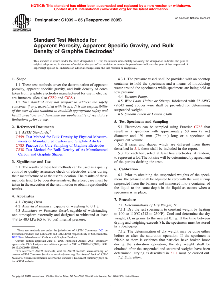 ASTM C1039-85(2005) - Standard Test Methods for Apparent Porosity, Apparent Specific Gravity, and Bulk Density of Graphite Electrodes