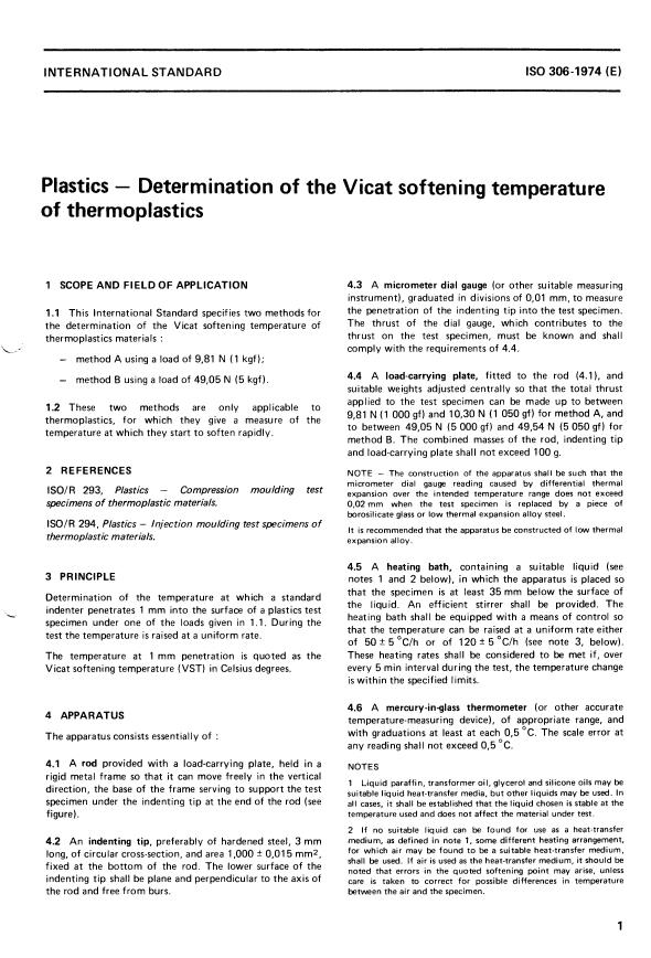 ISO 306:1974 - Plastics -- Determination of the Vicat softening temperature of thermoplastics