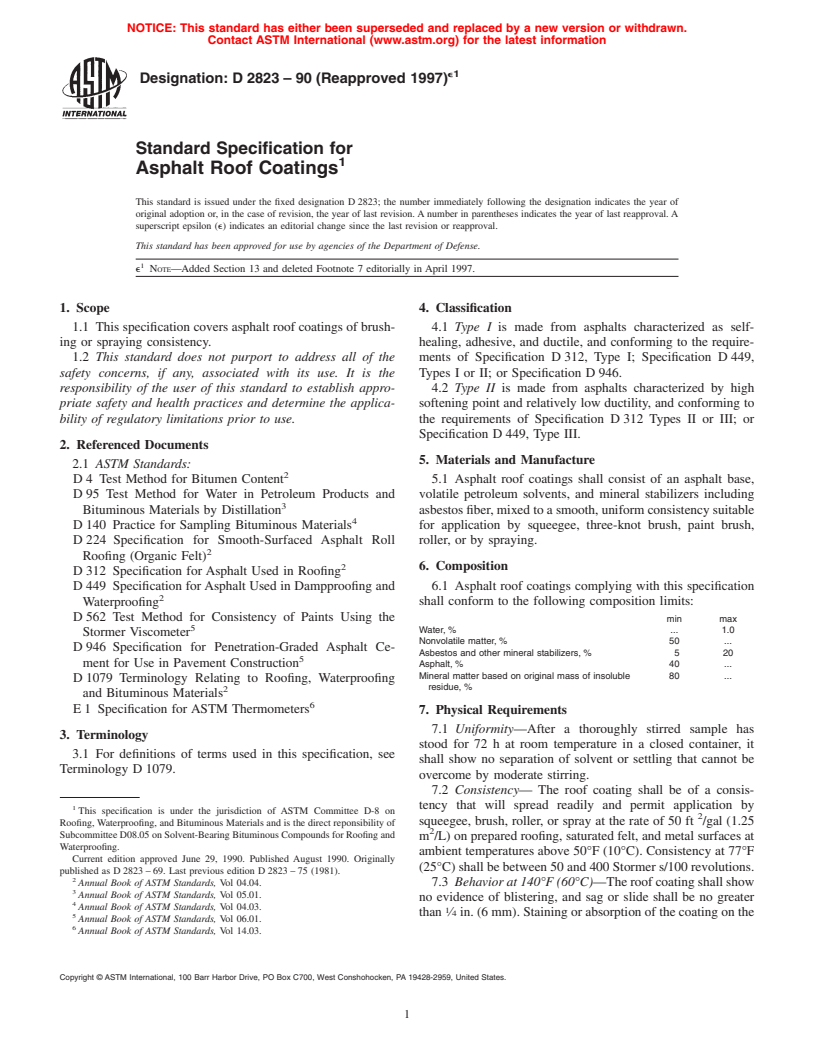 ASTM D2823-90(1997)e1 - Standard Specification for Asphalt Roof Coatings, Asbestos Containing