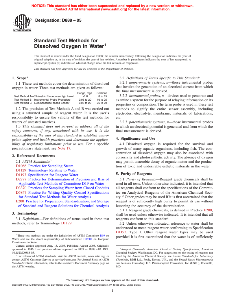 ASTM D888-05 - Standard Test Methods for Dissolved Oxygen in Water