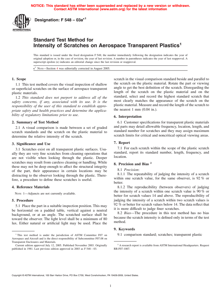 ASTM F548-03ae1 - Standard Test Method for Intensity of Scratches on Aerospace Transparent Plastics