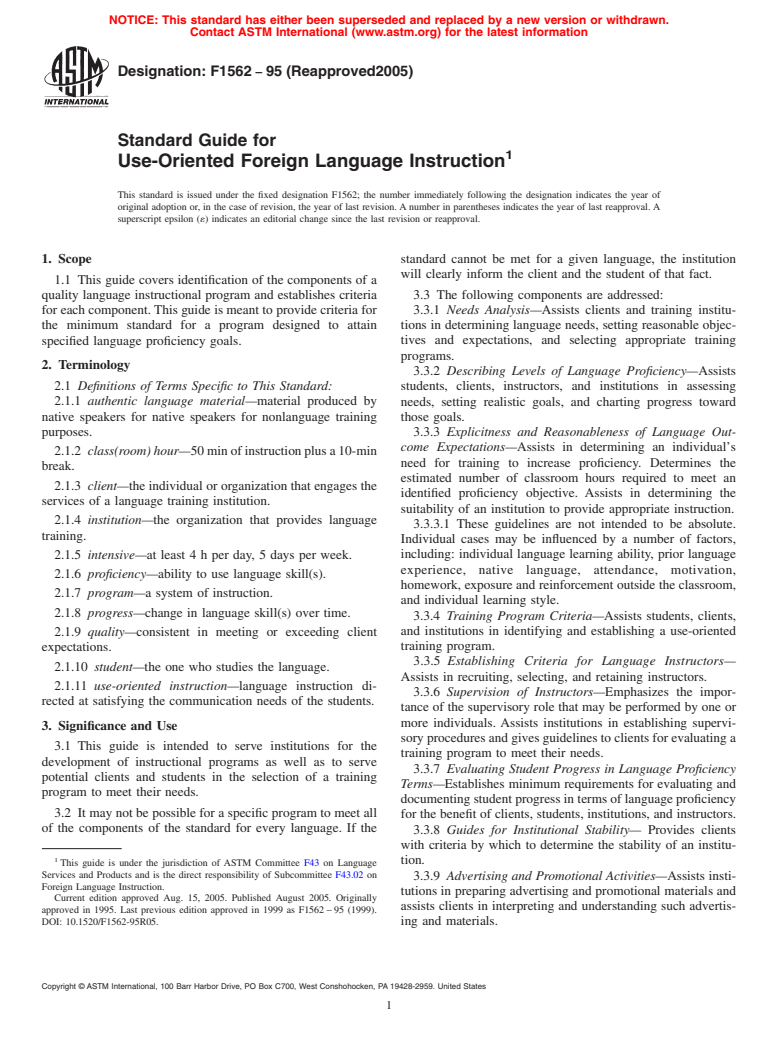 ASTM F1562-95(2005) - Standard Guide for Use-Oriented Foreign Language Instruction