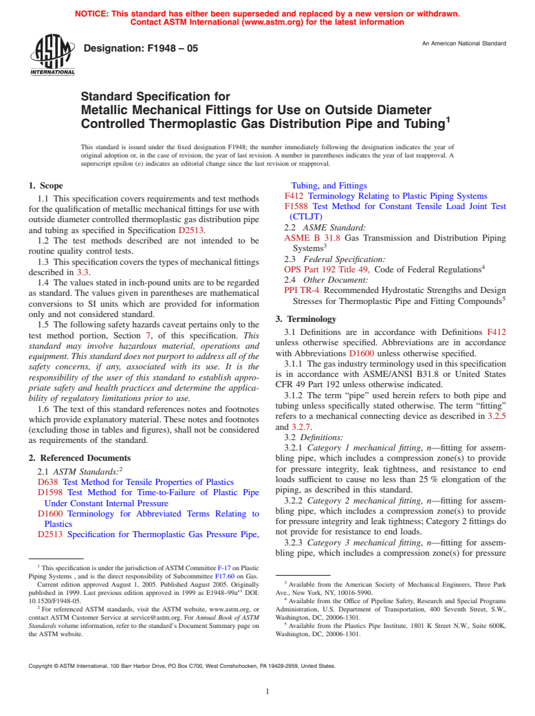 ASTM F1948-05 - Standard Specification for Metallic Mechanical Fittings for Use on Outside Diameter Controlled Thermoplastic Gas Distribution Pipe and Tubing