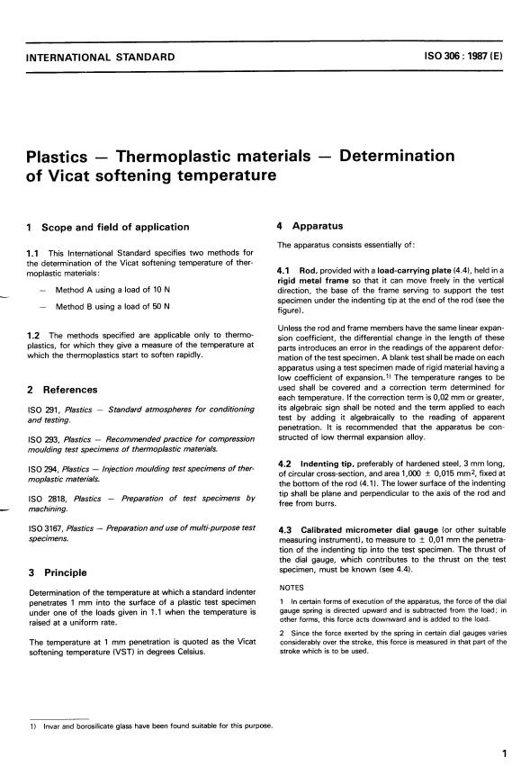 ISO 306:1987 - Plastics -- Thermoplastic materials -- Determination of Vicat softening temperature
