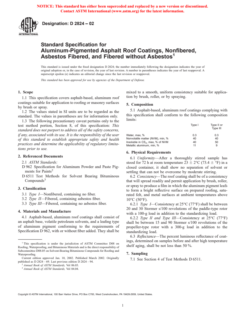 ASTM D2824-02 - Standard Specification for Aluminum-Pigmented Asphalt Roof Coatings, Nonfibered, Asbestos Fibered, and Fibered without Asbestos