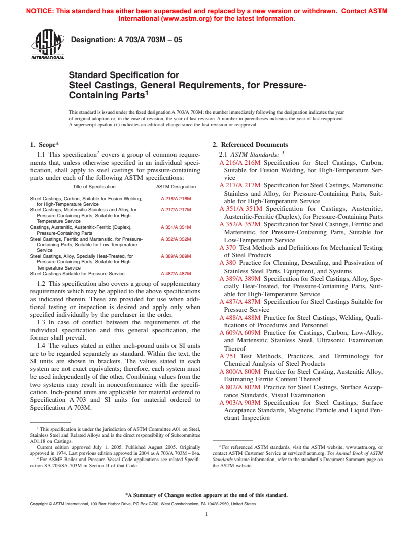 ASTM A703/A703M-05 - Standard Specification for Steel Castings, General Requirements, for Pressure-Containing Parts