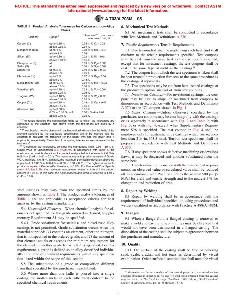 ASTM A703/A703M-05 - Standard Specification for Steel Castings, General Requirements, for Pressure-Containing Parts