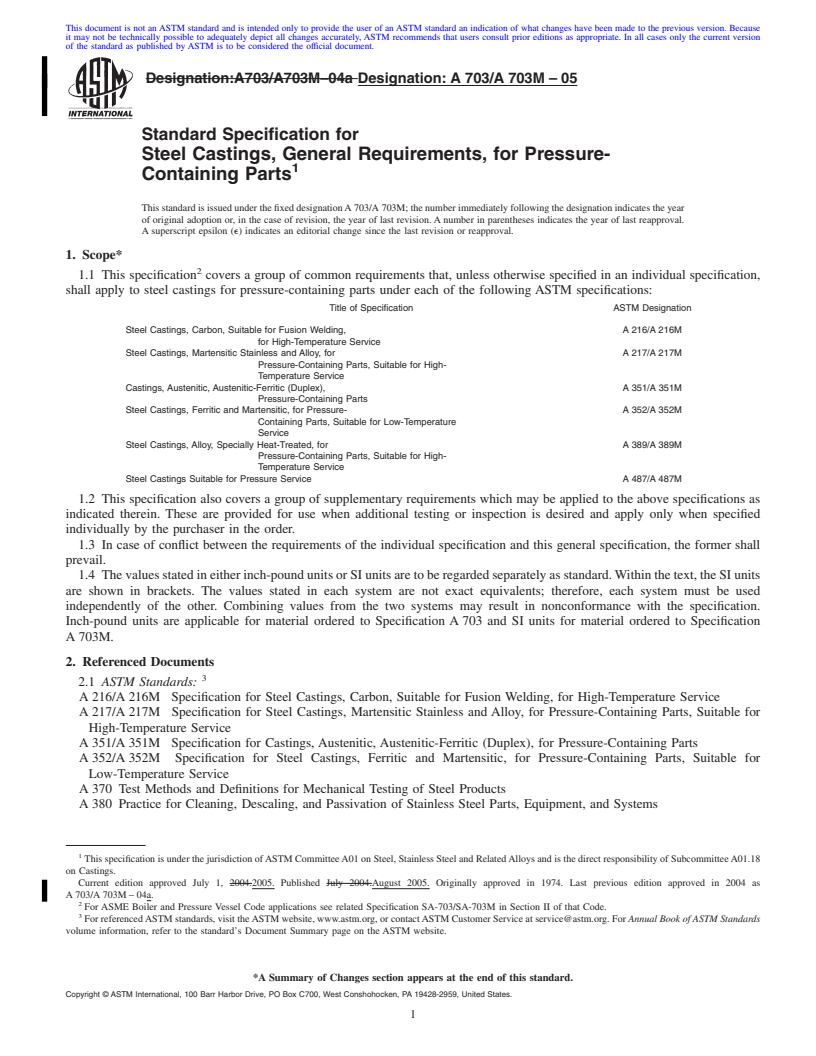 REDLINE ASTM A703/A703M-05 - Standard Specification for Steel Castings, General Requirements, for Pressure-Containing Parts