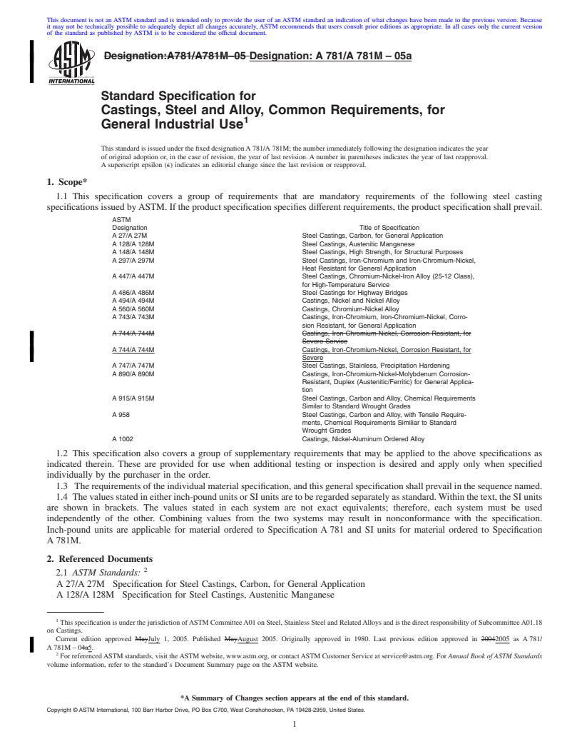 REDLINE ASTM A781/A781M-05a - Standard Specification for Castings, Steel and Alloy, Common Requirements, for General Industrial Use