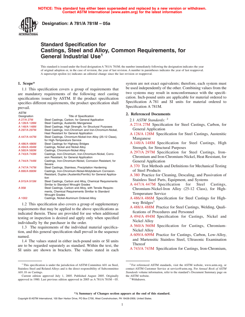 ASTM A781/A781M-05a - Standard Specification for Castings, Steel and Alloy, Common Requirements, for General Industrial Use