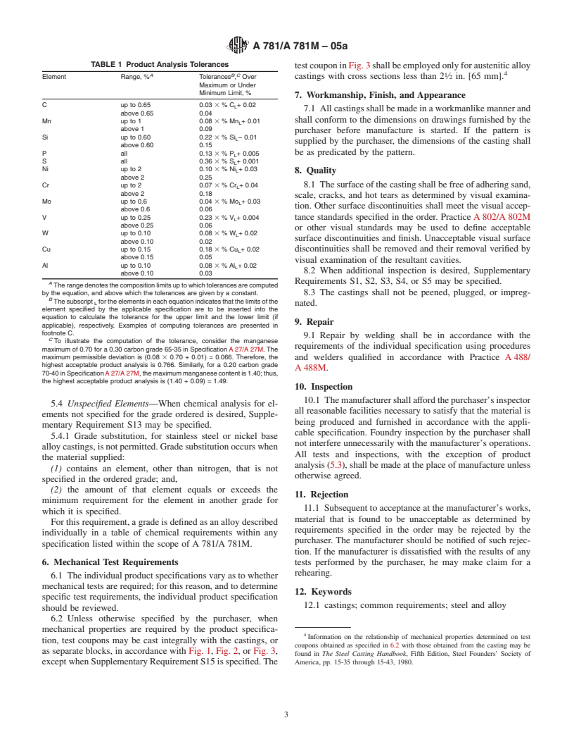 ASTM A781/A781M-05a - Standard Specification for Castings, Steel and Alloy, Common Requirements, for General Industrial Use