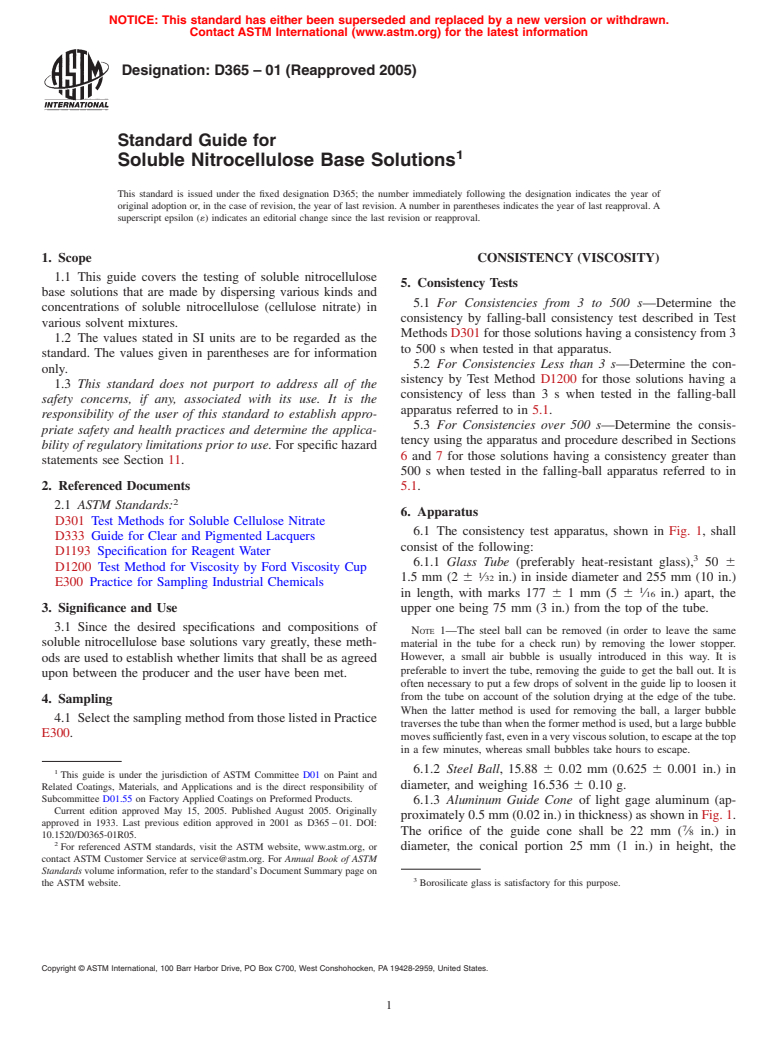 ASTM D365-01(2005) - Standard Guide for Soluble Nitrocellulose Base Solutions