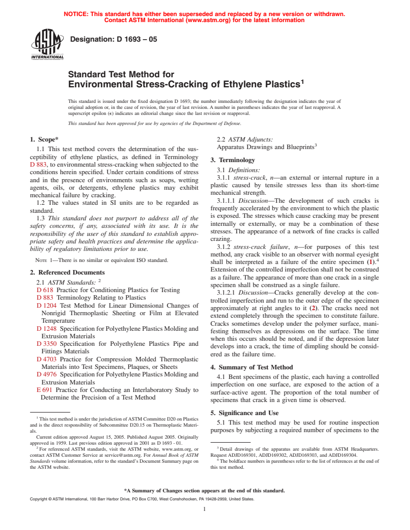 ASTM D1693-05 - Standard Test Method for Environmental Stress-Cracking of Ethylene Plastics