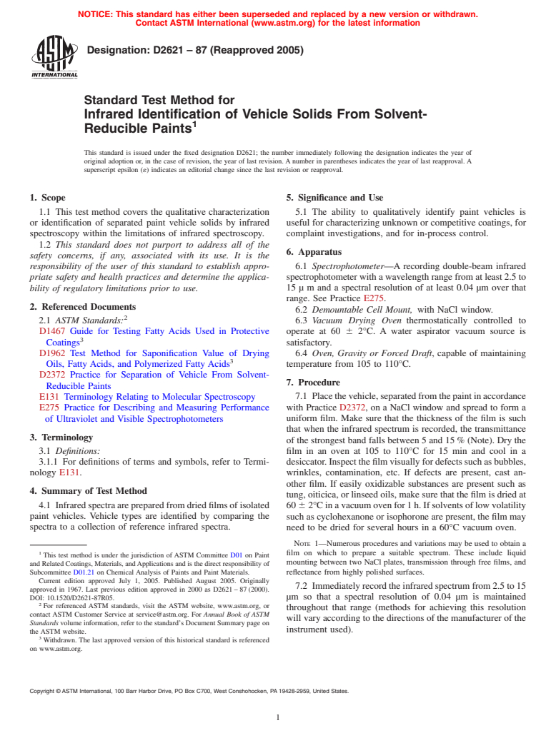 ASTM D2621-87(2005) - Standard Test Method for Infrared Identification of Vehicle Solids From Solvent-Reducible Paints