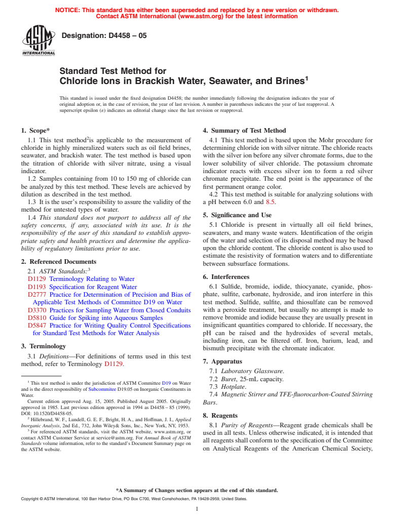 ASTM D4458-05 - Standard Test Method for Chloride Ions in Brackish Water, Seawater, and Brines