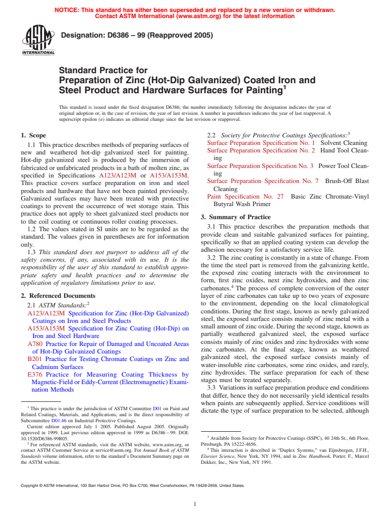 ASTM D6386-99(2005) - Standard Practice for Preparation of Zinc (Hot-Dip Galvanized) Coated Iron and Steel Product and Hardware Surfaces for Painting