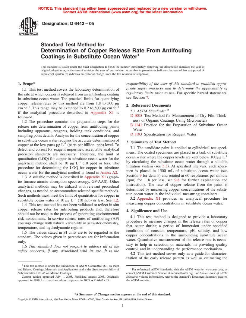 ASTM D6442-05 - Standard Test Method for Determination of Copper Release Rate From Antifouling Coatings in Substitute Ocean Water