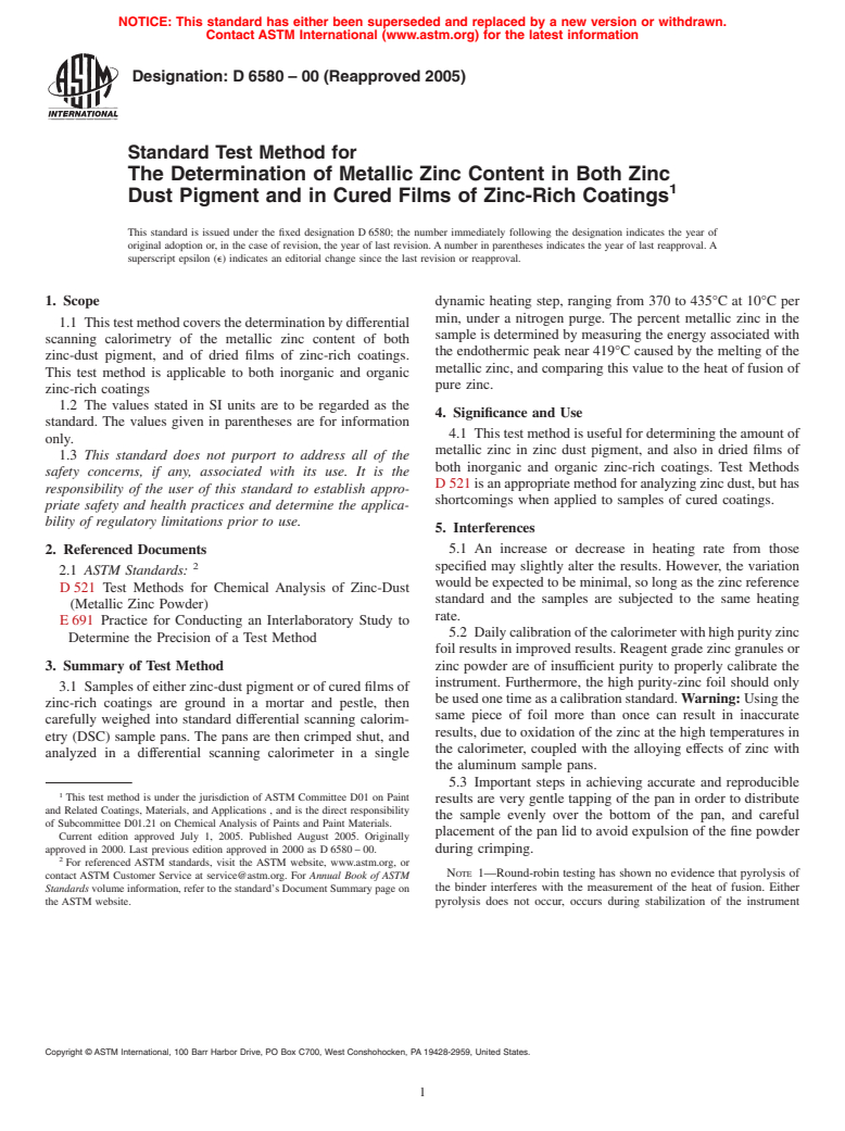 ASTM D6580-00(2005) - Standard Test Method for the Determination of Metallic Zinc Content in Both Zinc Dust Pigment and in Cured Films of Zinc-Rich Coatings