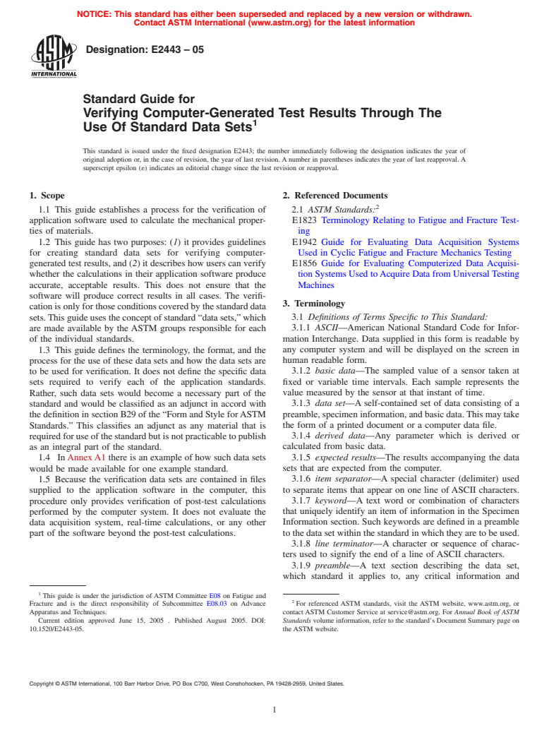 ASTM E2443-05 - Standard Guide for Verifying Computer-Generated Test Results Through The Use Of Standard Data Sets