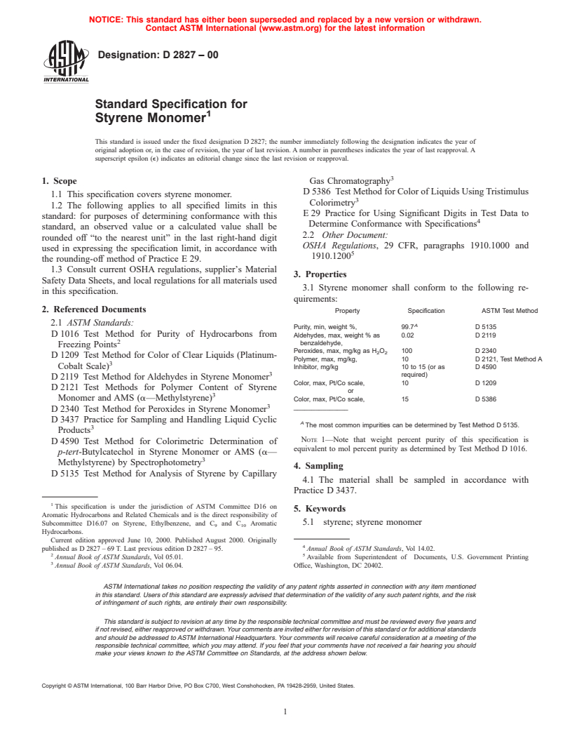 ASTM D2827-00 - Standard Specification for Styrene Monomer