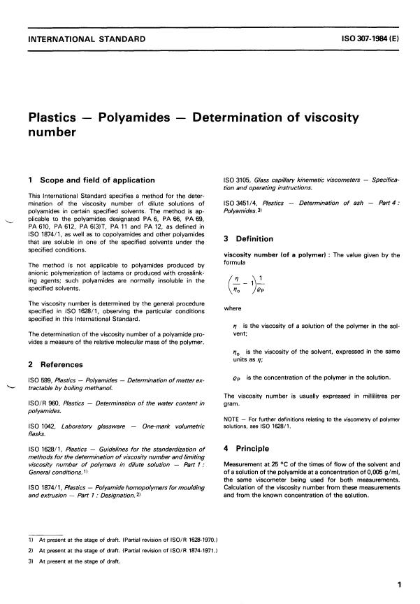 ISO 307:1984 - Plastics -- Polyamides -- Determination of viscosity number