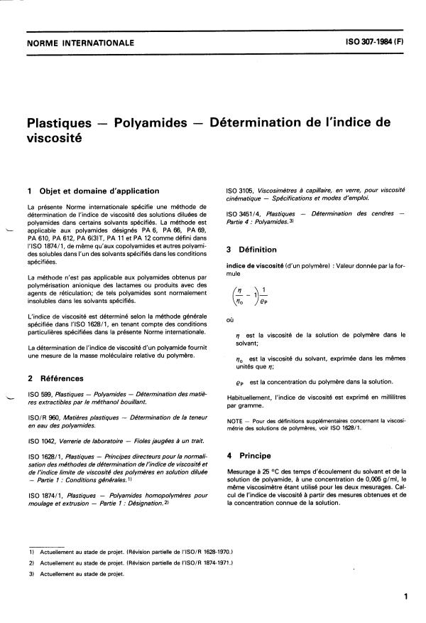 ISO 307:1984 - Plastiques -- Polyamides -- Détermination de l'indice de viscosité