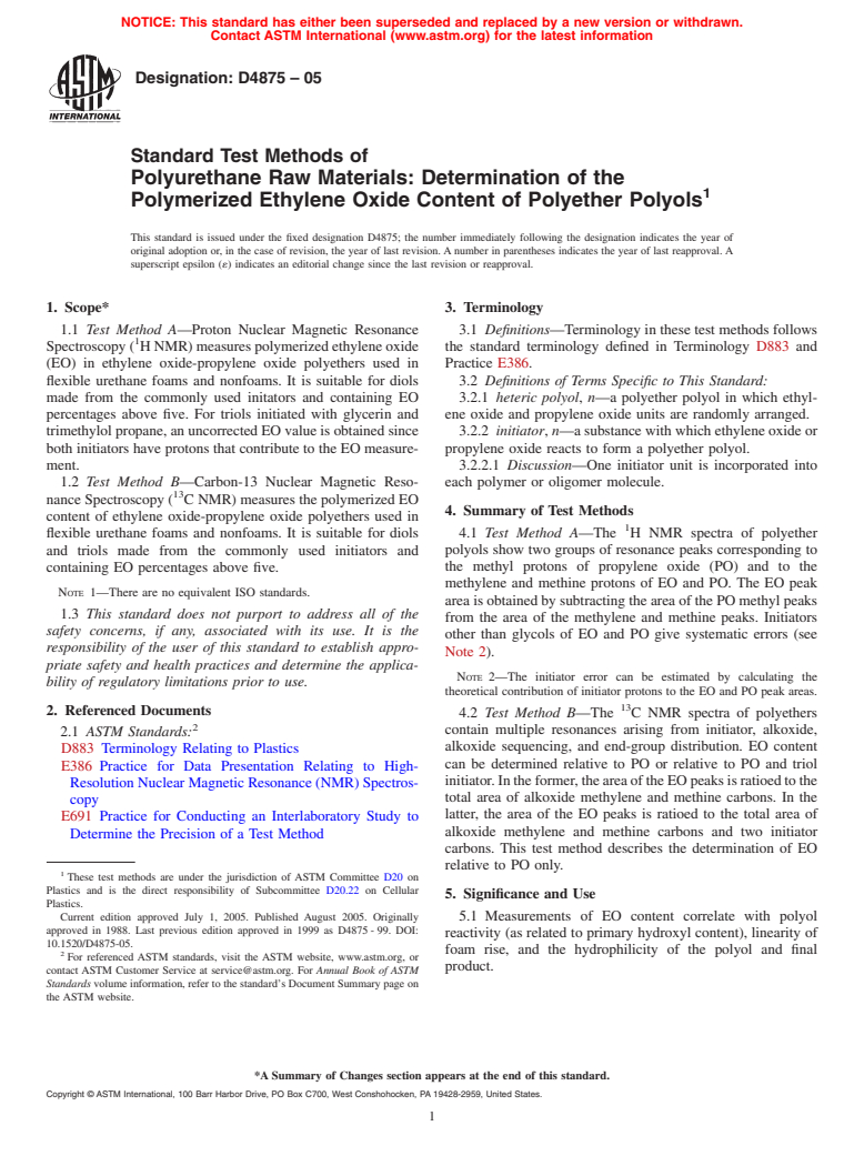 ASTM D4875-05 - Standard Test Methods of Polyurethane Raw Materials: Determination of the Polymerized Ethylene Oxide Content of Polyether Polyols