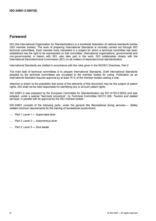 ISO 24801-2:2007 ISO 24801-2:2007 - Recreational diving services -- Safety related minimum requirements for the training of recreational scuba divers - Page 4 preview