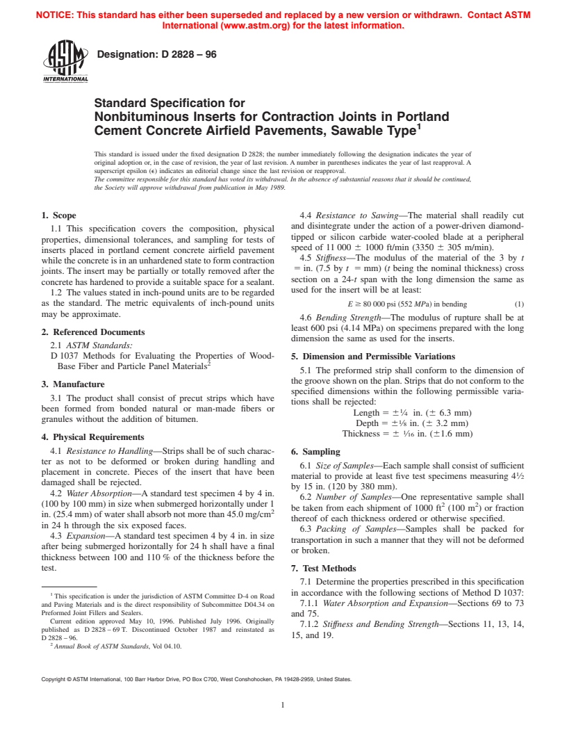 ASTM D2828-96 - Standard Specification for Nonbituminous Inserts for Contraction Joints in Portland Cement Concrete Airfield Pavements, Sawable Type