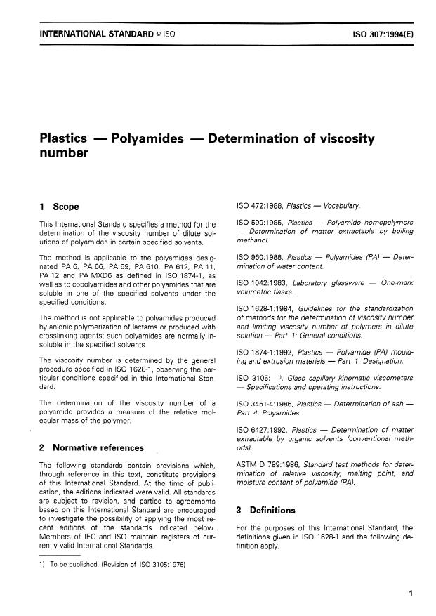ISO 307:1994 - Plastics -- Polyamides -- Determination of viscosity number
