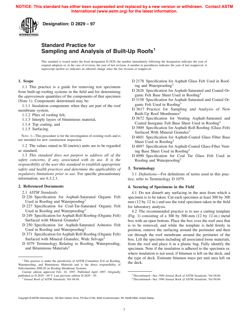 ASTM D2829-97 - Standard Practice for Sampling and Analysis of Built-Up Roofs