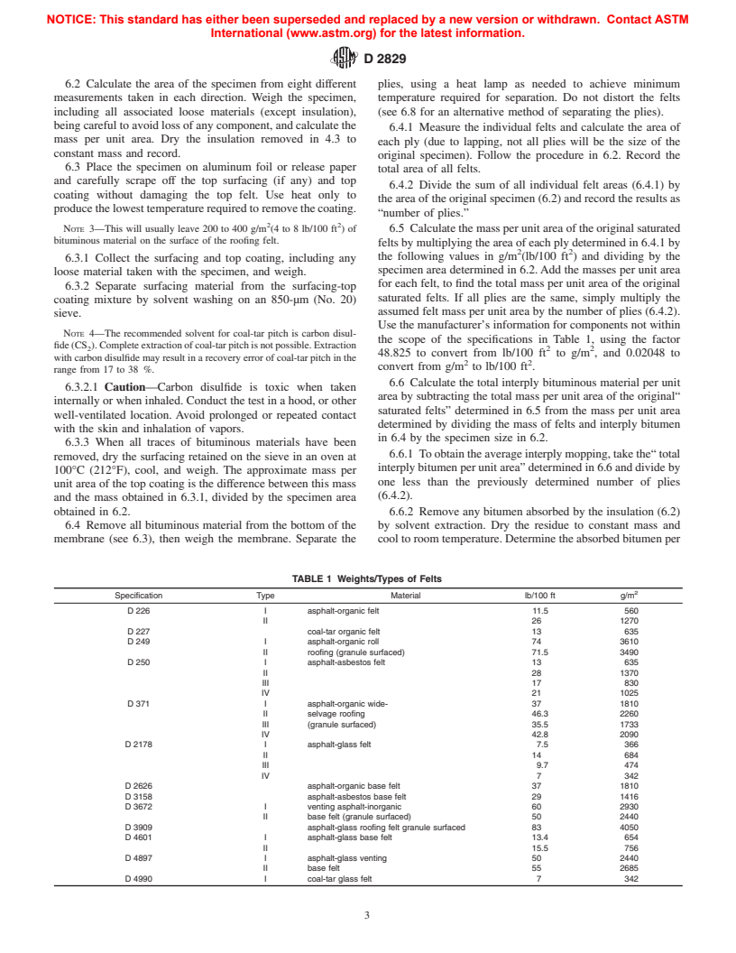 ASTM D2829-97 - Standard Practice for Sampling and Analysis of Built-Up Roofs