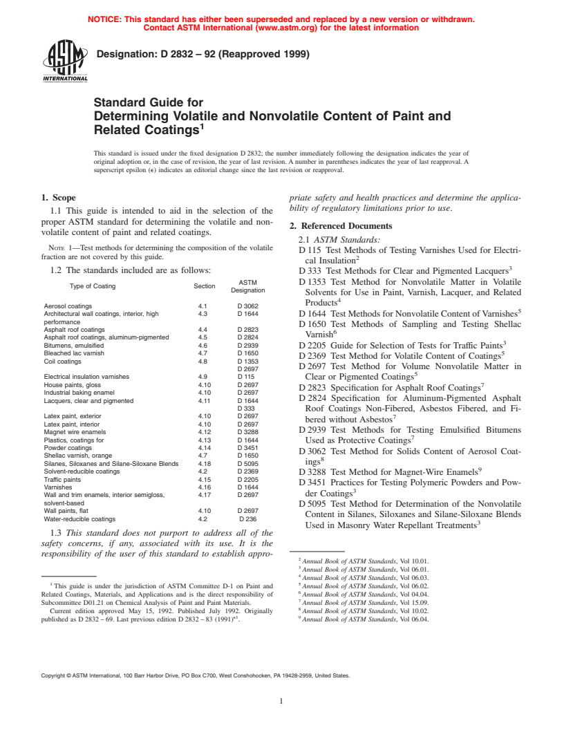 ASTM D2832-92(1999) - Standard Guide for Determining Volatile and Nonvolatile Content of Paint and Related Coatings