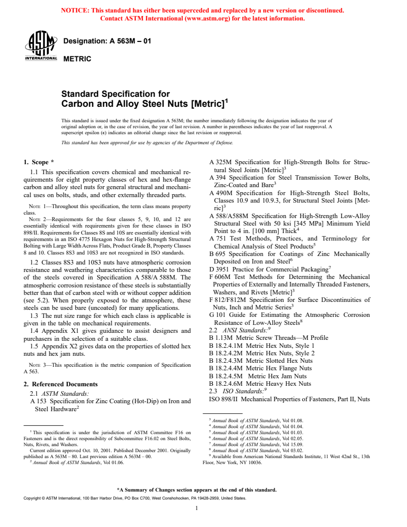 ASTM A563M-01 - Standard Specification for Carbon and Alloy Steel Nuts [Metric]