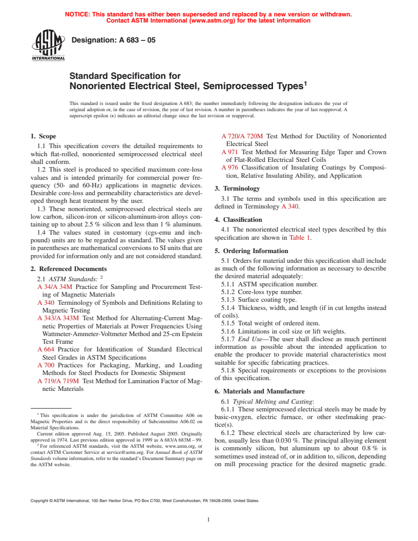 ASTM A683-05 - Standard Specification for Nonoriented Electrical Steel, Semiprocessed Types