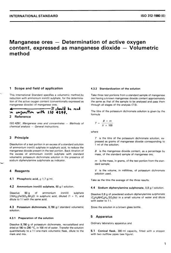 ISO 312:1980 - Manganese ores -- Determination of active oxygen content, expressed as manganese dioxide -- Volumetric method