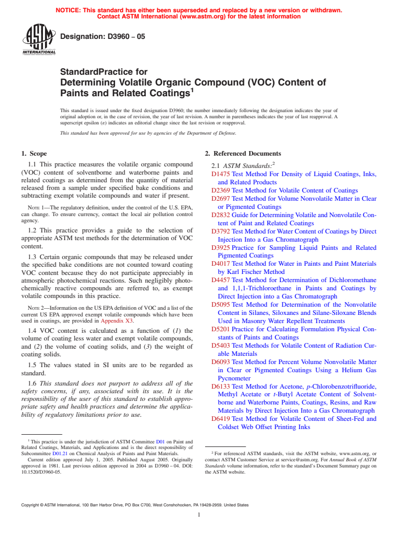 ASTM D3960-05 - Standard Practice for Determining Volatile Organic Compound (VOC) Content of Paints and Related Coatings