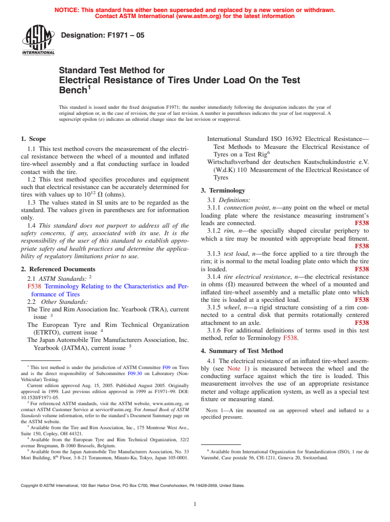 ASTM F1971-05 - Standard Test Method for Electrical Resistance of Tires Under Load On the Test Bench