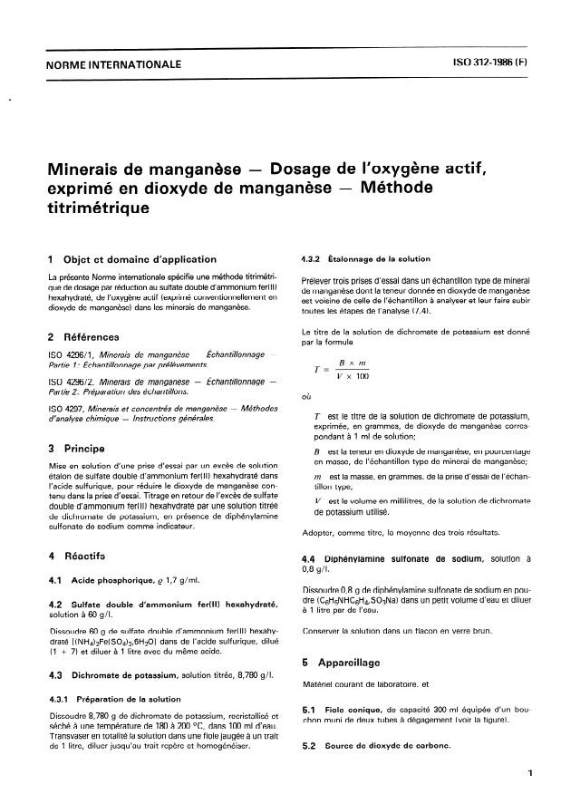 ISO 312:1986 - Minerais de manganese -- Dosage de l'oxygene actif, exprimé en dioxyde de manganese -- Méthode titrimétrique