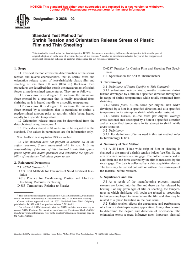 ASTM D2838-02 - Standard Test Method for Shrink Tension and Orientation Release Stress of Plastic Film and Thin Sheeting