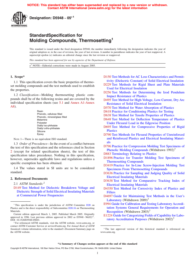 ASTM D5948-05e1 - Standard Specification for Molding Compounds, Thermosetting