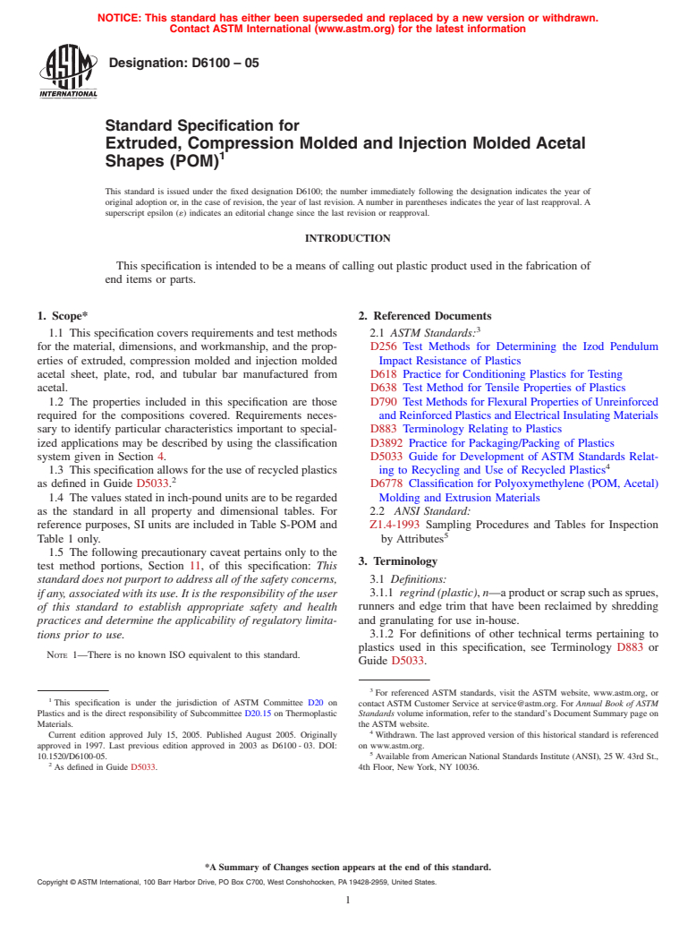 ASTM D6100-05 - Standard Specification for Extruded, Compression Molded and Injection Molded Acetal Shapes (POM)