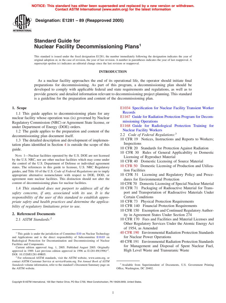 ASTM E1281-89(2005) - Standard Guide for Nuclear Facility Decommissioning Plans