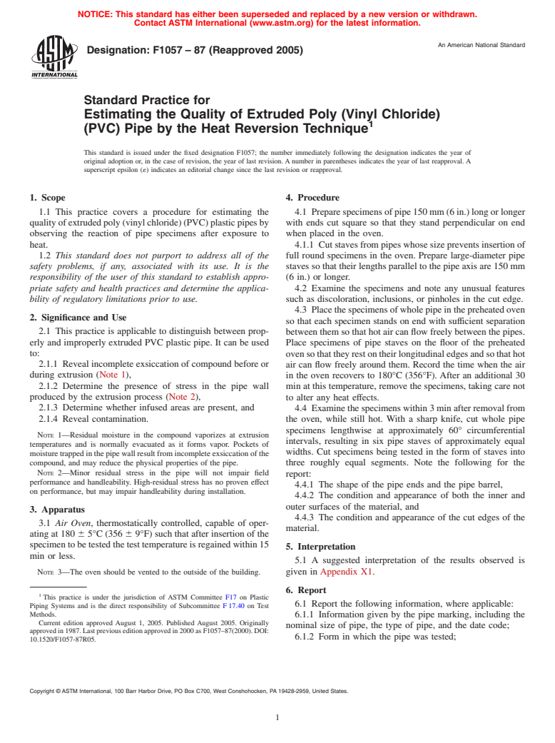 ASTM F1057-87(2005) - Standard Practice for Estimating the Quality of Extruded Poly (Vinyl Chloride) (PVC) Pipe by the Heat Reversion Technique