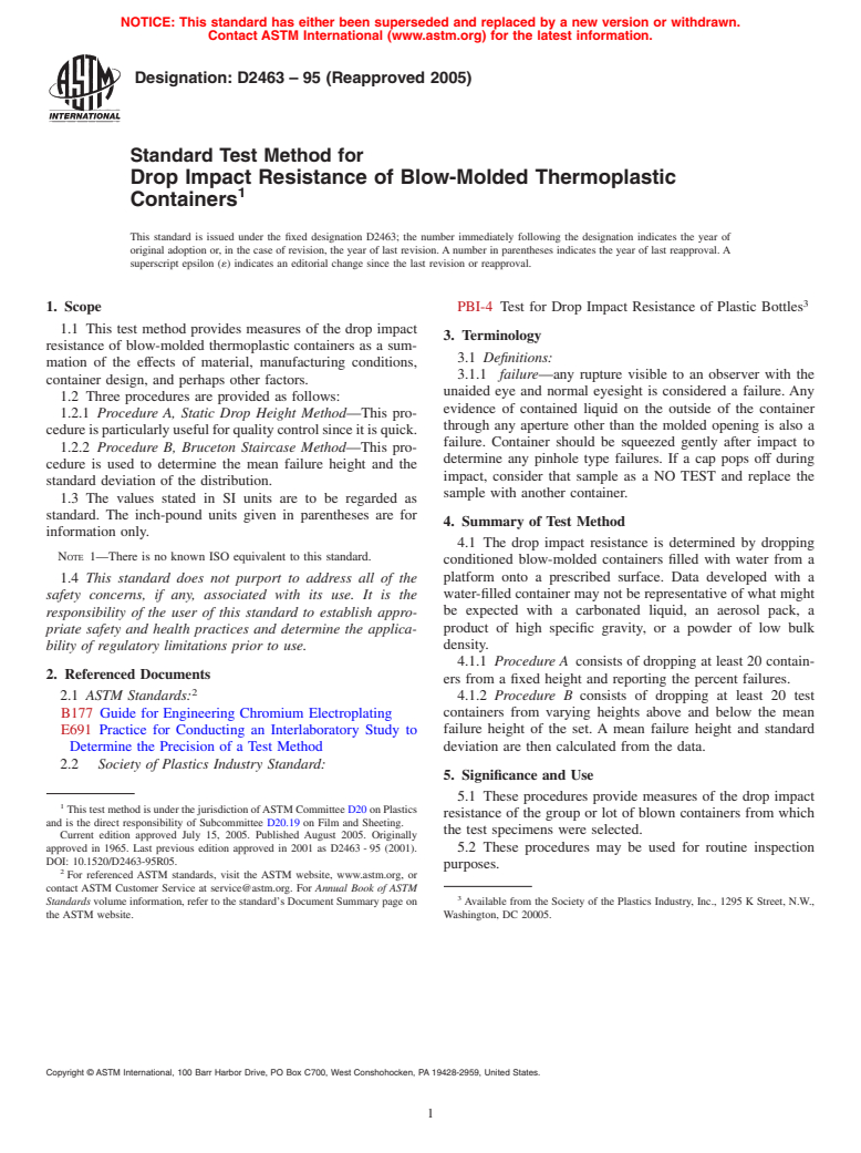 ASTM D2463-95(2005) - Standard Test Method for Drop Impact Resistance of Blow-Molded Thermoplastic Containers