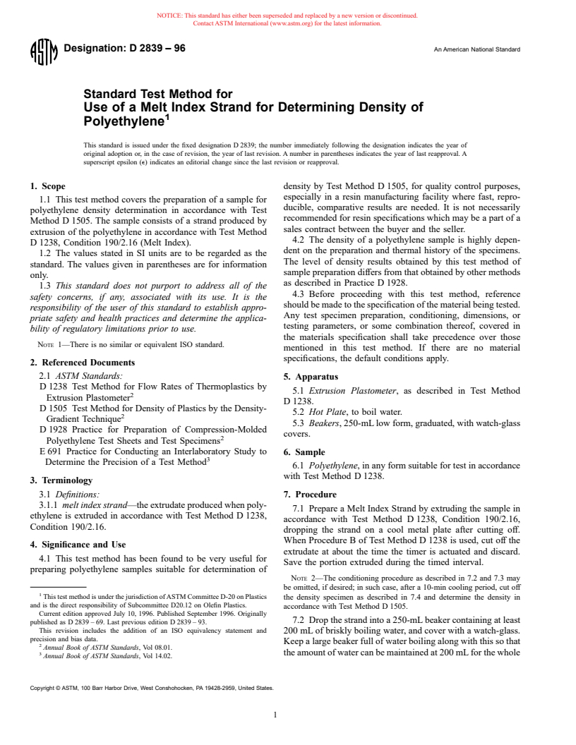 ASTM D2839-96 - Standard Test Method for Use of a Melt Index Strand for Determining Density of Polyethylene