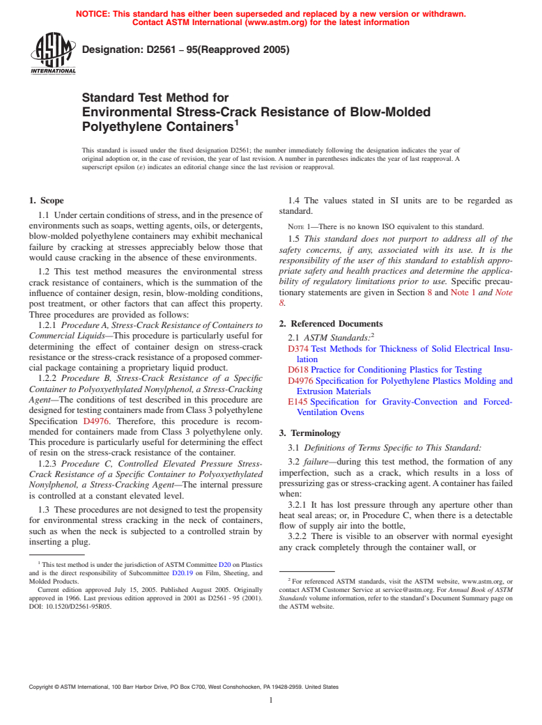 ASTM D2561-95(2005) - Standard Test Method for Environmental Stress-Crack Resistance of Blow-Molded Polyethylene Containers