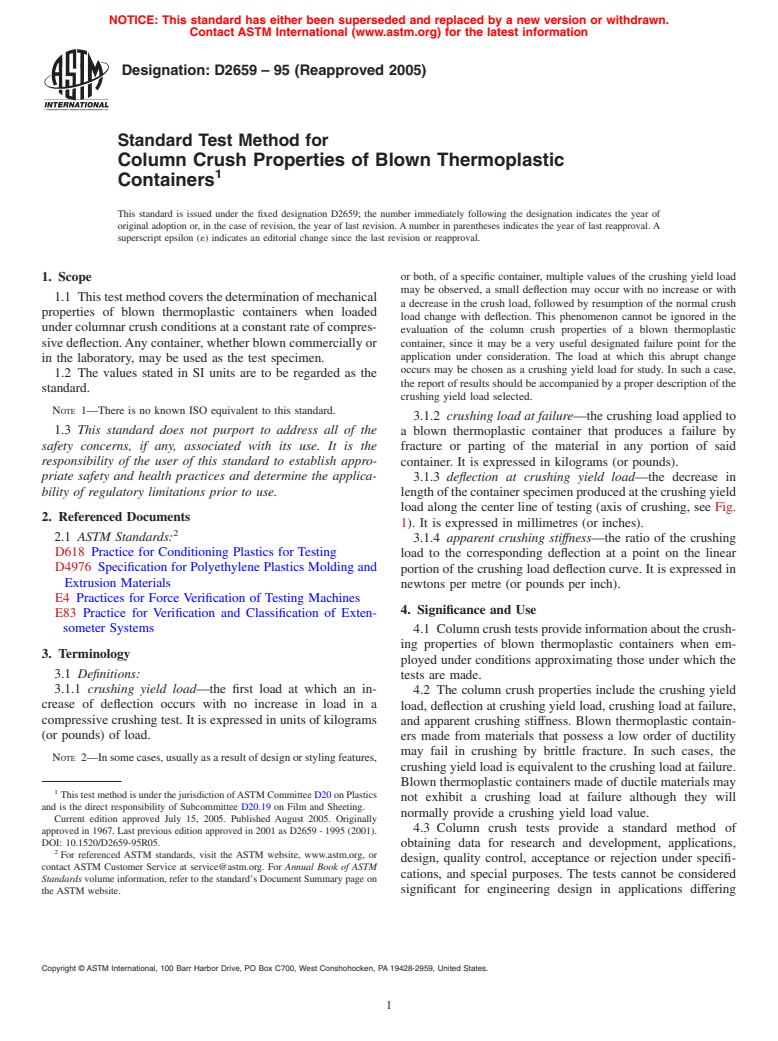 ASTM D2659-95(2005) - Standard Test Method for Column Crush Properties of Blown Thermoplastic Containers