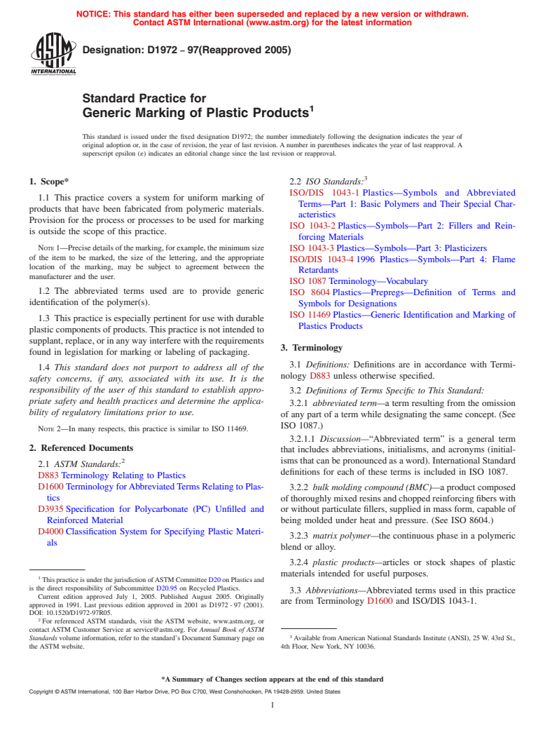 ASTM D1972-97(2005) - Standard Practice for Generic Marking of Plastic Products (Withdrawn 2014)